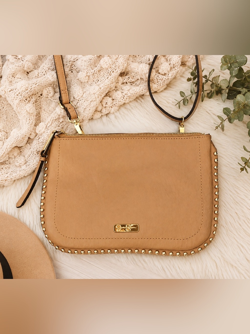 Jessica Simpson Tan Studded Crossbody Bag Wristlet Gold Hardware
